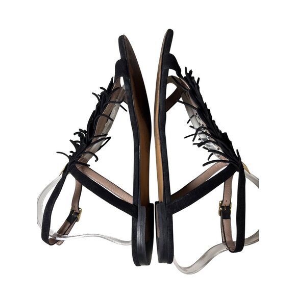 Chloe Sandals Size 39 / 9 Black Suede Fringe Ankle Straps Flats Gold Accent - Picture 7 of 11
